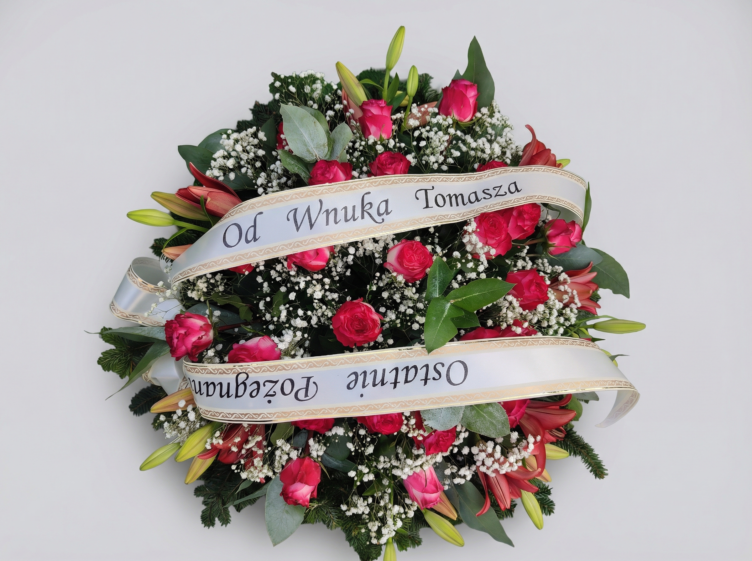 Wieniec Różowe Róże, Lilie i Gipsówka