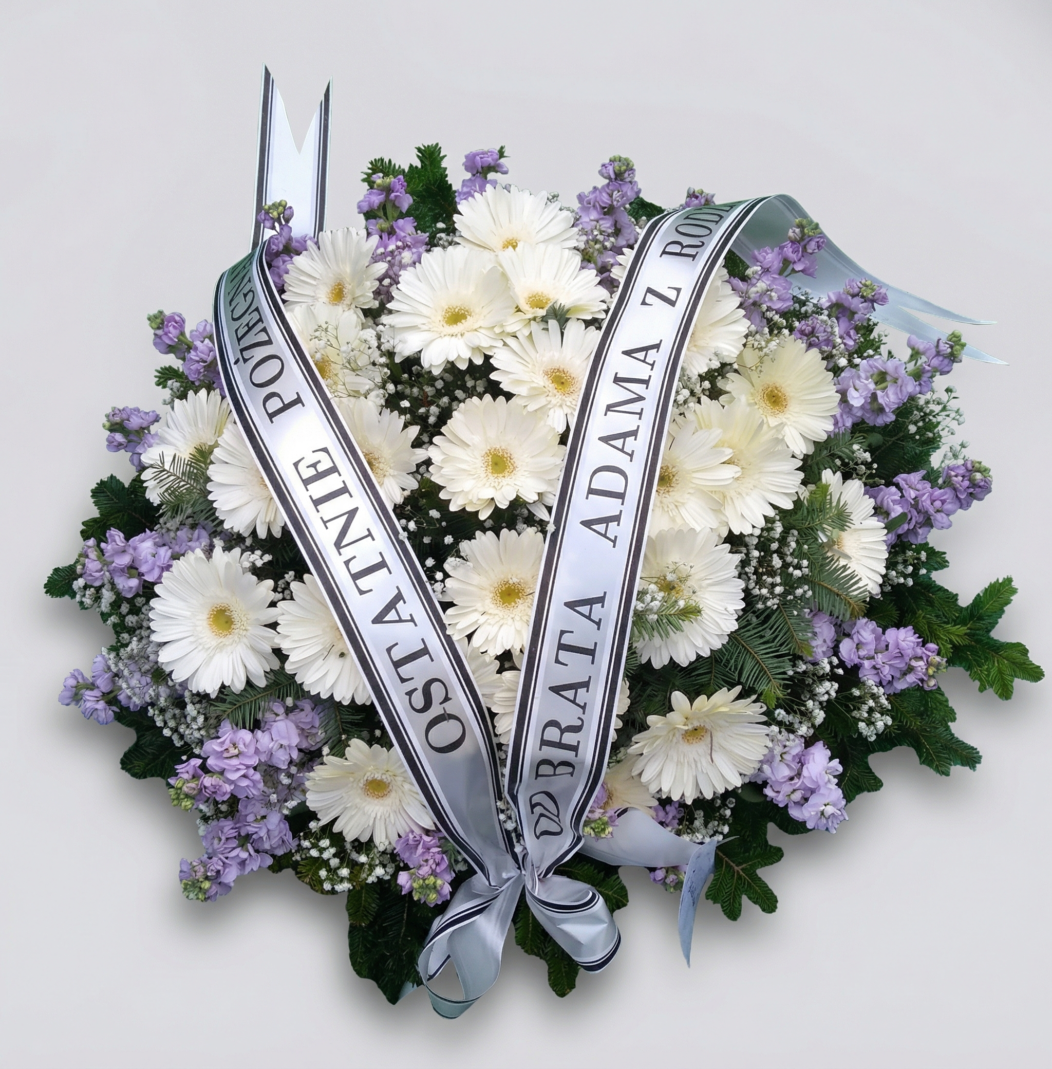 Wieniec Białe Gerbery i Fioletowe Akcenty