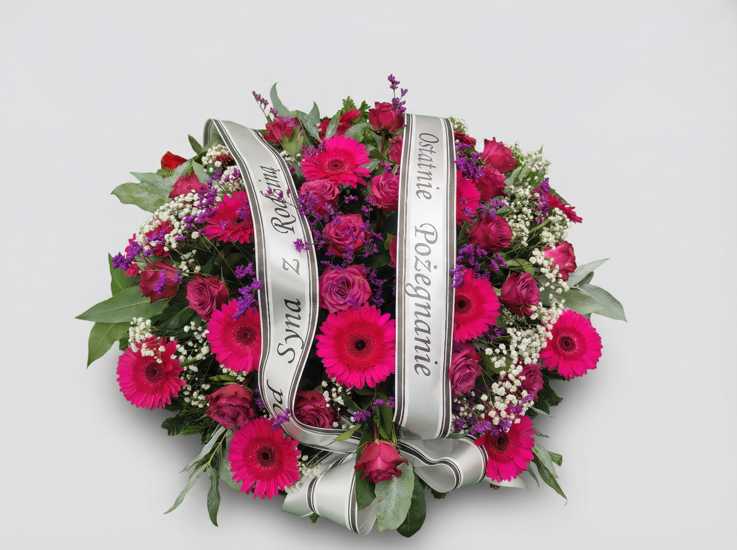 Wieniec „Różowe Gerbery i Róże w Fiolecie